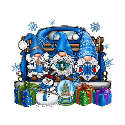 A festive illustration featuring three cheerful gnomes in blue hats surrounded by colorful gifts, a snowman, and a snow globe.DTF Transfers dtf transfers