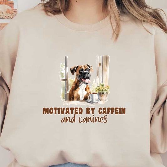 A charming illustration featuring a happy dog by an open window with a cup of coffee, captioned "Motivated by Caffeine and Canines." heat press transfers