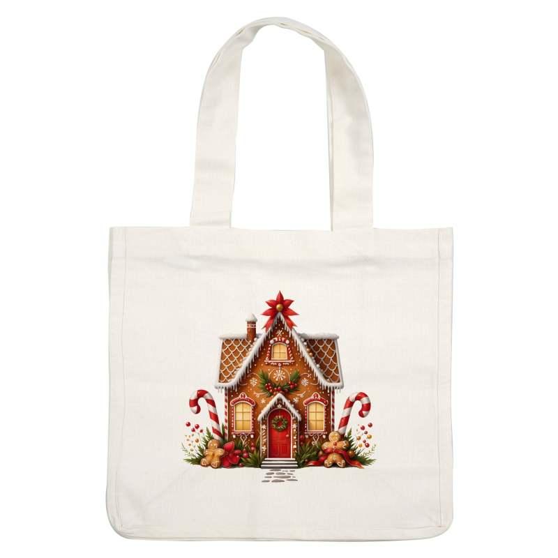 A charming gingerbread house decorated with icing, candy canes, and festive greenery, perfect for holiday celebrations. heat press transfers