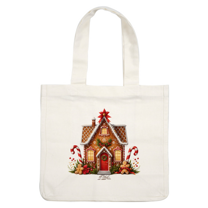 A charming gingerbread house decorated with icing, candy canes, and festive greenery, perfect for holiday celebrations. heat press transfers