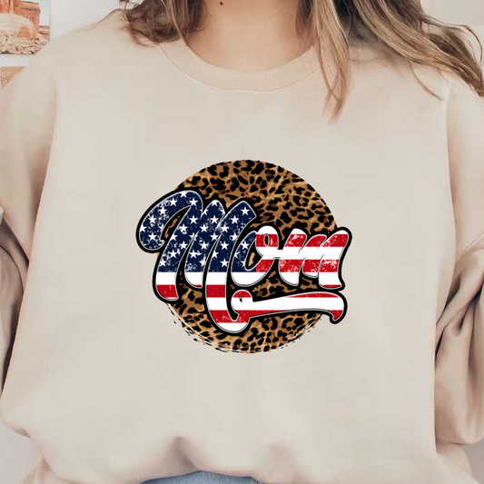 Stylish "Mom" graphic featuring a patriotic American flag design, set against a bold leopard print background.