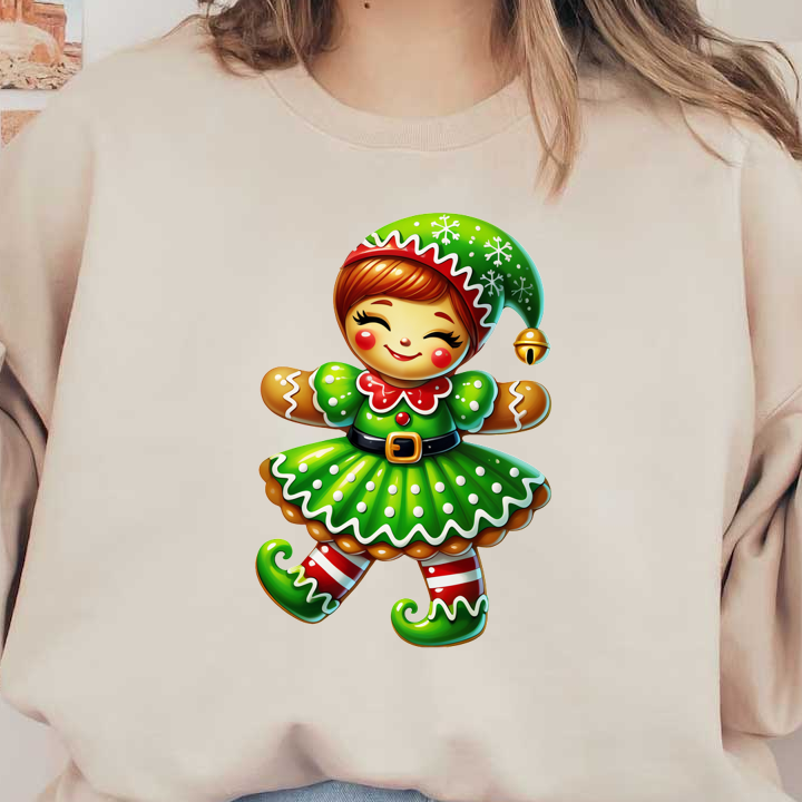 A cheerful gingerbread girl character in a festive green dress with red accents and a playful elf hat.DTF Transfers heat press transfers