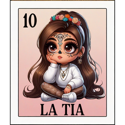 A charming, illustrated card featuring "La Tia," a girl with intricate face tattoos, stylish attire, and a floral headband. heat press transfers