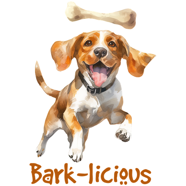 Un alegre Beagle salta de emoción por un hueso, mostrando un espíritu juguetón y el texto "Bark-licious" debajo.