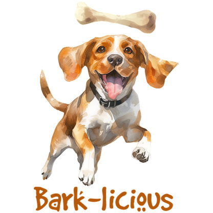 Un alegre Beagle salta de emoción por un hueso, mostrando un espíritu juguetón y el texto "Bark-licious" debajo.