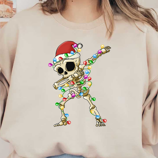 A playful skeleton wearing a Santa hat is joyfully wrapped in colorful Christmas lights, celebrating the holiday spirit! dtf transfers