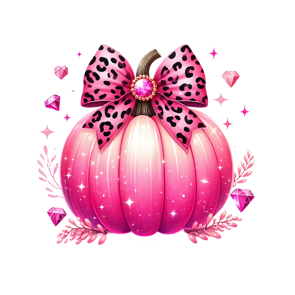 This whimsical pink pumpkin features a stylish leopard print bow and sparkling accents, perfect for a festive touch!