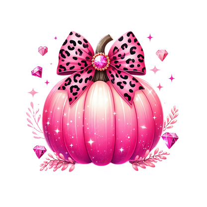 This whimsical pink pumpkin features a stylish leopard print bow and sparkling accents, perfect for a festive touch!