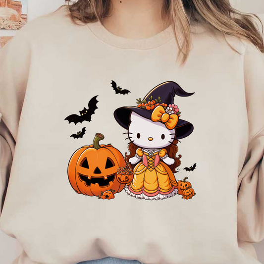 A cute Halloween-themed Hello Kitty in a witch costume, complete with a pumpkin, flowers, and playful decorations.DTF Transfersdtf regular iron