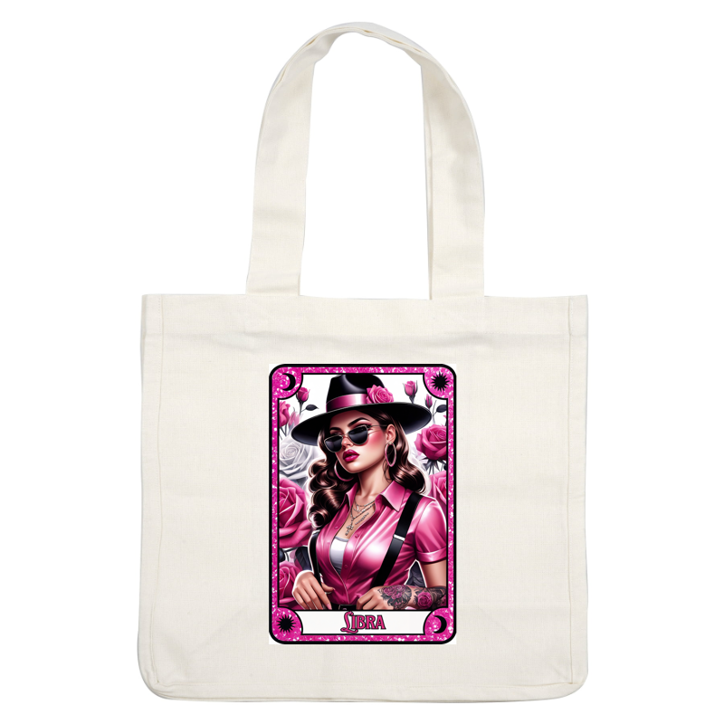 A stylish illustration of a woman representing Libra, adorned in pink, with a wide-brimmed hat and floral accents.dtf regular iron