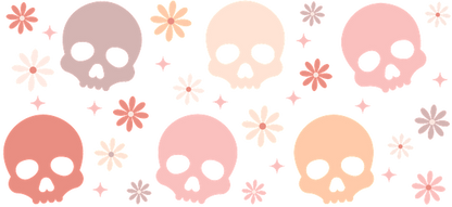 A playful pattern featuring colorful skulls intertwined with soft blooms, perfect for adding a whimsical touch to any design.UV Transfers dtf transfers