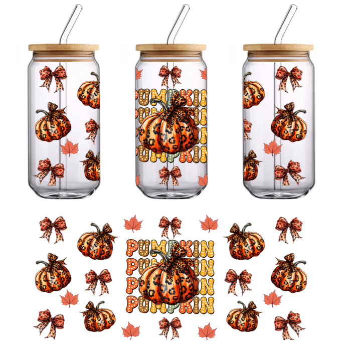 A vibrant autumn-themed design featuring leopard print pumpkins, decorative bows, and the word "PUMPKIN" in playful, bold letters.UV Transfers heat press transfers