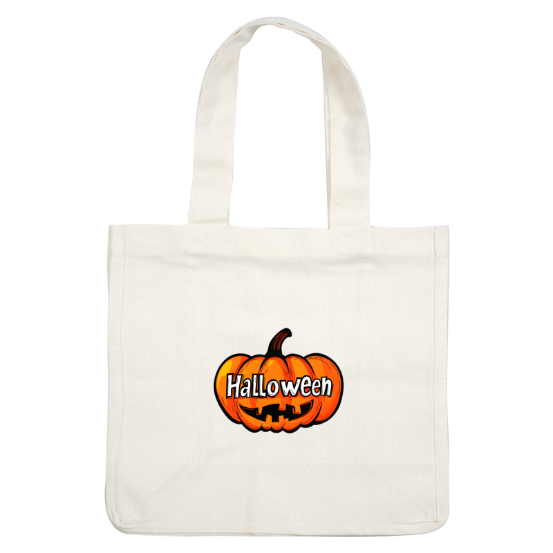 A vibrant Halloween-themed pumpkin graphic featuring bold lettering and a playful face, perfect for festive decorations. heat press transfers