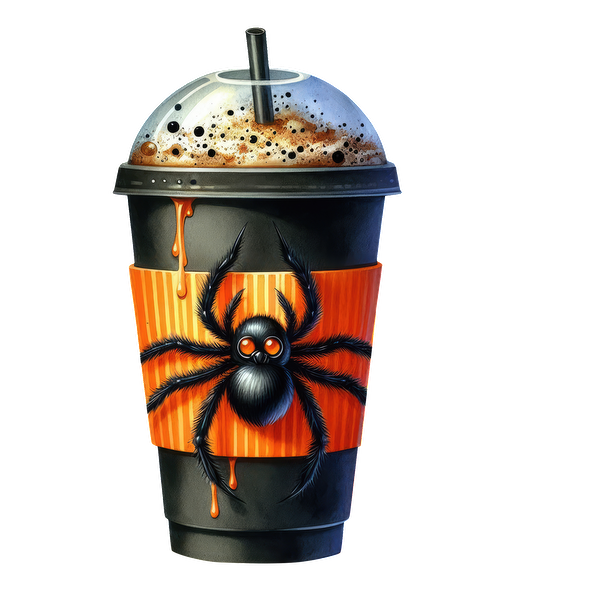 ¡Un vaso para bebidas con temática de araña espeluznante con una funda naranja y gotas, perfecto para una bebida con temática de Halloween!