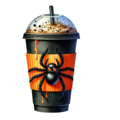 ¡Un vaso para bebidas con temática de araña espeluznante con una funda naranja y gotas, perfecto para una bebida con temática de Halloween!