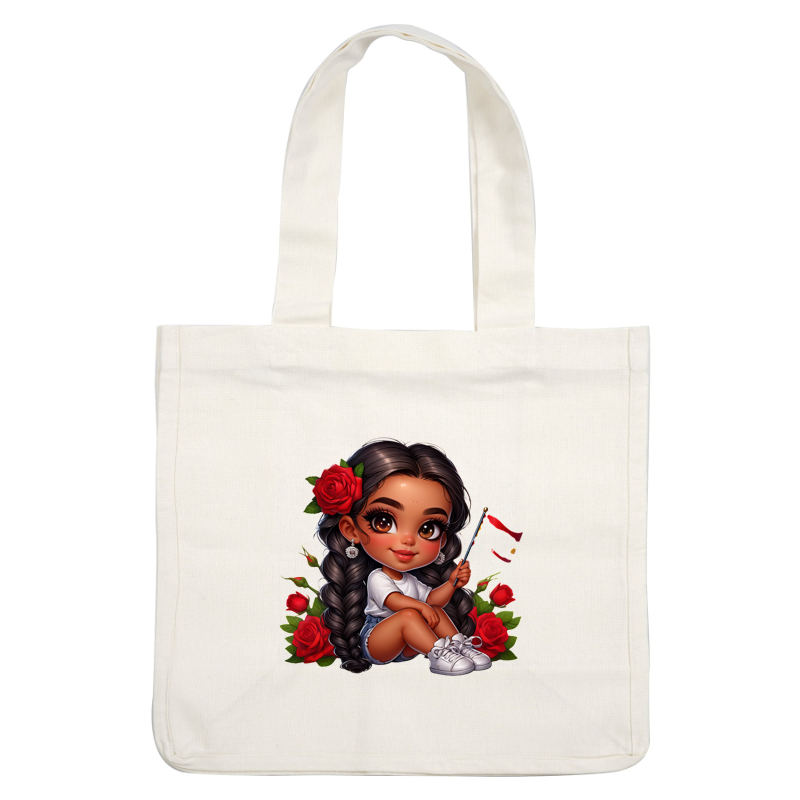 A cute, cartoon-style girl with braided hair, wearing a white shirt and denim shorts, surrounded by red roses.DTF Transfers heat press transfers