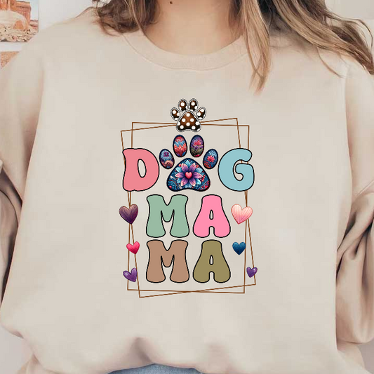 Colorful "Dog Mama" print with hearts and paw prints on a green background.DTF Transfers