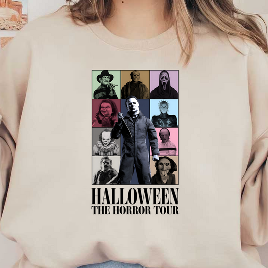 A vibrant collage of iconic horror movie characters, featuring menacing figures like Michael Myers and Chucky in striking poses. dtf transfers