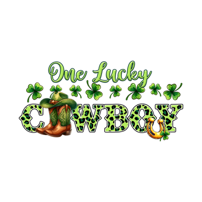 Un diseño vibrante que presenta una bota de vaquero, un sombrero y tréboles, y celebra la frase "One Lucky Cowboy" en tonos verdes.