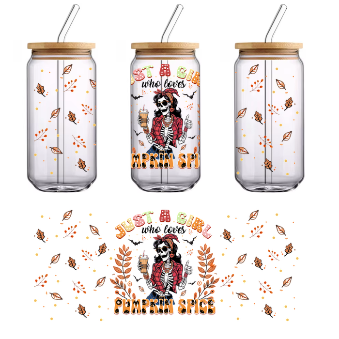 A vibrant graphic featuring a fashionable skeleton in a red jacket, surrounded by autumn leaves and the phrase "Just a Girl Pumpkin Spice."UV Transfersdtf regular iron