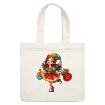 A cheerful young elf in a festive red and green outfit holds a gift and a bag of holiday goodies.DTF Transfers dtf prints