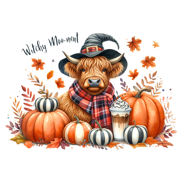 A whimsical Highland cow in a witch hat and plaid scarf surrounded by colorful pumpkins and a festive drink. dtf transfers