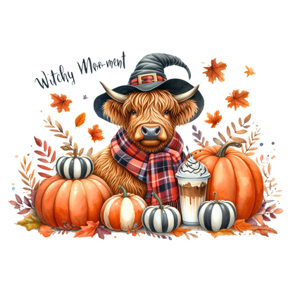 A whimsical Highland cow in a witch hat and plaid scarf surrounded by colorful pumpkins and a festive drink. dtf transfers