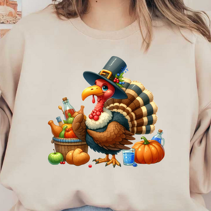 A cheerful cartoon turkey wearing a hat, surrounded by pumpkins, fruits, and beverages, celebrating a festive harvest theme. dtf transfers