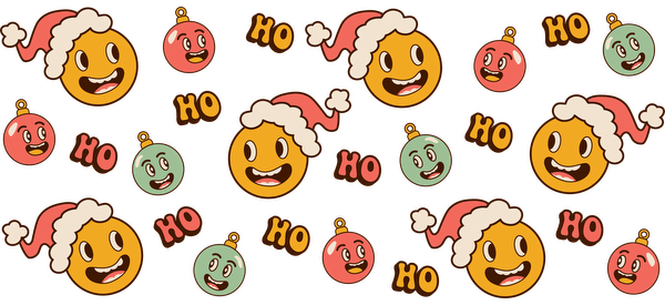 A festive pattern featuring cheerful yellow smiley faces in Santa hats, whimsical ornaments, and playful "HO" accents perfect for holiday cheer!UV Transfersdtf regular iron