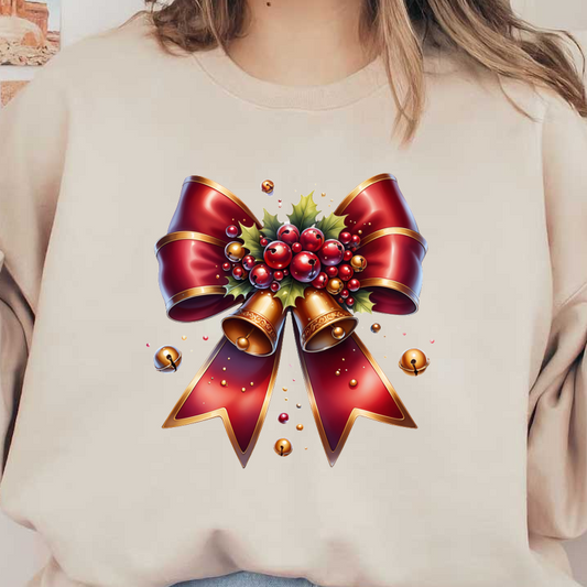 A festive red bow adorned with berries, holly, and golden bells, perfect for holiday decorations. dtf prints