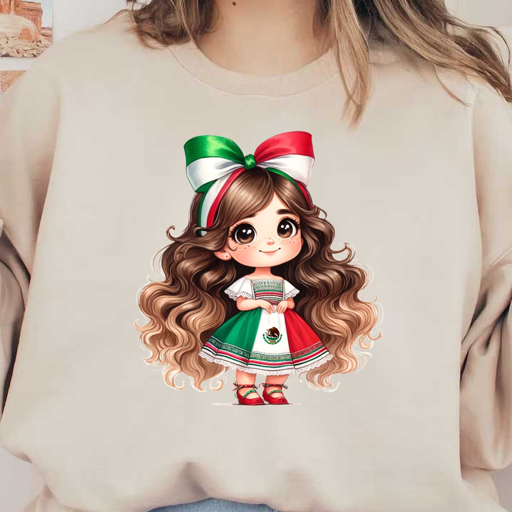 Una linda chica de dibujos animados con cabello largo y rizado que viste un vestido tradicional mexicano con colores verde, blanco y rojo y un gran lazo.