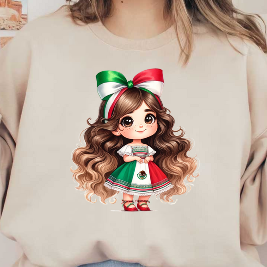 Una linda chica de dibujos animados con cabello largo y rizado que viste un vestido tradicional mexicano con colores verde, blanco y rojo y un gran lazo.