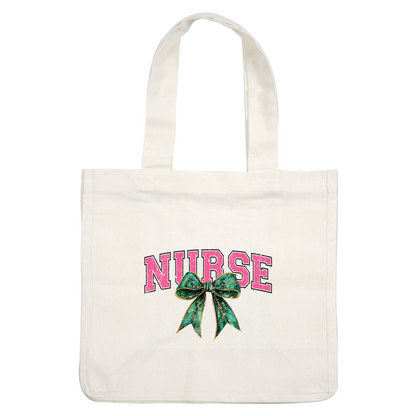 Festive and fun, this vibrant design features the word "NURSE" embellished with a decorative green bow, perfect for holiday cheer!DTF Transfers