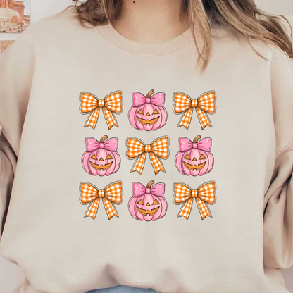 A charming design featuring pink pumpkins with playful smiles and large, gingham bows, perfect for Halloween decor. heat press transfers