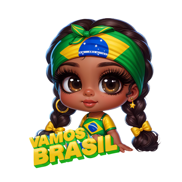 A cheerful, cartoon-style girl with braided hair, wearing a Brazilian flag-themed outfit and headband, celebrates with the phrase "Vamos Brasil!"DTF Transfers heat press transfers