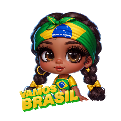 A cheerful, cartoon-style girl with braided hair, wearing a Brazilian flag-themed outfit and headband, celebrates with the phrase "Vamos Brasil!"DTF Transfers heat press transfers