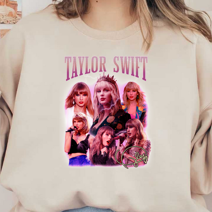 A vibrant collage featuring Taylor Swift in various stylish outfits, showcasing her dynamic presence as a performer and icon.DTF Transfers dtf prints