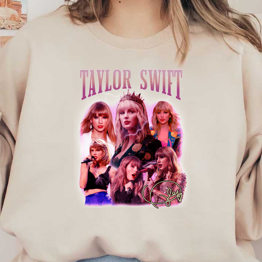 A vibrant collage showcasing multiple images of Taylor Swift in various outfits and styles, featuring her name in bold letters.DTF Transfers dtf prints