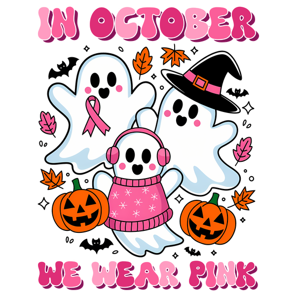 Cute October-themed graphic featuring playful ghosts in pink, wearing a sweater and headphones, with pumpkins and autumn leaves. dtf prints