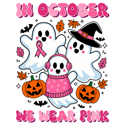 Cute October-themed graphic featuring playful ghosts in pink, wearing a sweater and headphones, with pumpkins and autumn leaves. dtf prints