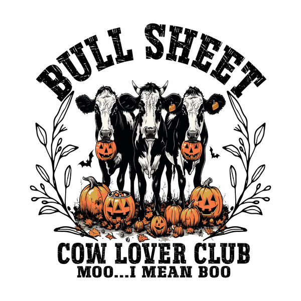 Tres vacas extravagantes con calabazas y hojas de otoño crean una escena festiva de Halloween, perfecta para la decoración de temporada.