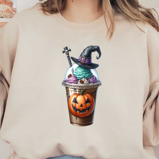 Una extravagante bebida de helado con temática de Halloween que presenta remolinos de colores, un sombrero de bruja y un diseño de calabaza tallada.