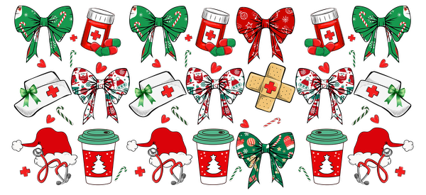 A cheerful assortment of holiday-themed medical symbols, including pills, first aid kits, festive bows, and Christmas cups.UV Transfersdtf regular iron