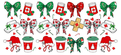 A cheerful assortment of holiday-themed medical symbols, including pills, first aid kits, festive bows, and Christmas cups.UV Transfersdtf regular iron