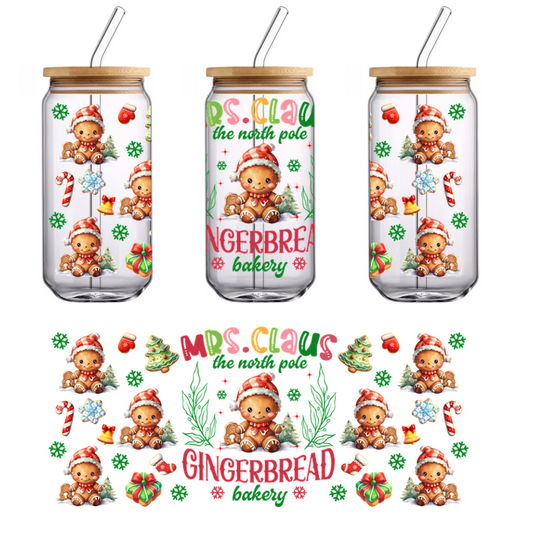 A festive design featuring adorable gingerbread characters, holiday treats, and cheerful decorations for "Mrs. Claus' Gingerbread Bakery."UV Transfersdtf regular iron