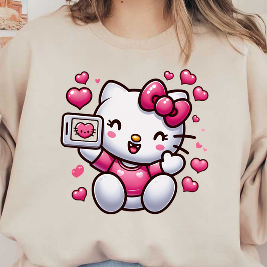 Cute Hello Kitty character taking a selfie in a pink outfit surrounded by floating hearts, radiating joy and happiness.DTF Transfers dtf transfers