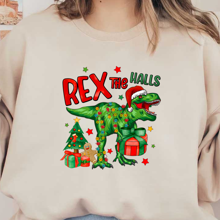 A festive dinosaur wearing a Santa hat, adorned with bells and surrounded by Christmas gifts and a tree, brings holiday cheer. dtf prints