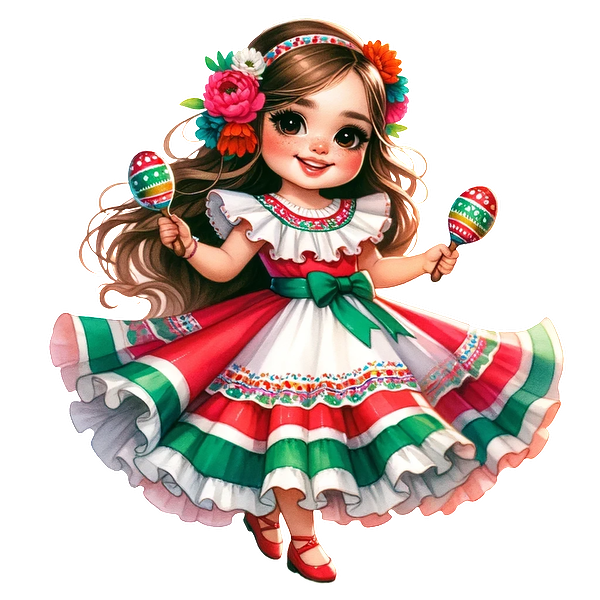 Una niña alegre con un vestido tradicional vibrante, sosteniendo maracas, adornada con flores de colores en su cabello.