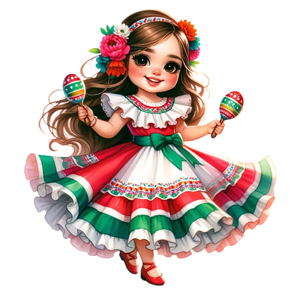 Una niña alegre con un vestido tradicional vibrante, sosteniendo maracas, adornada con flores de colores en su cabello.