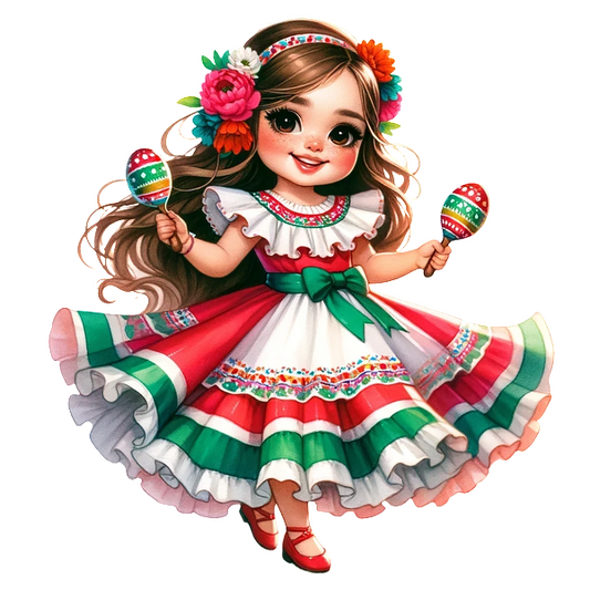 A cheerful girl in a vibrant traditional dress, holding maracas, adorned with colorful flowers in her hair. heat press transfers